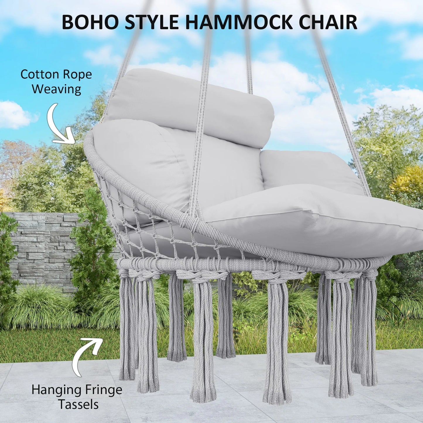 Hanging Hammock Chair with Cushion, Macrame Swing Chair, Gray