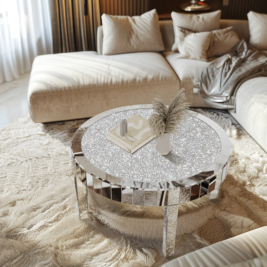 Modern Round Mirrored Coffee Table With Crystal Inlay And Glass