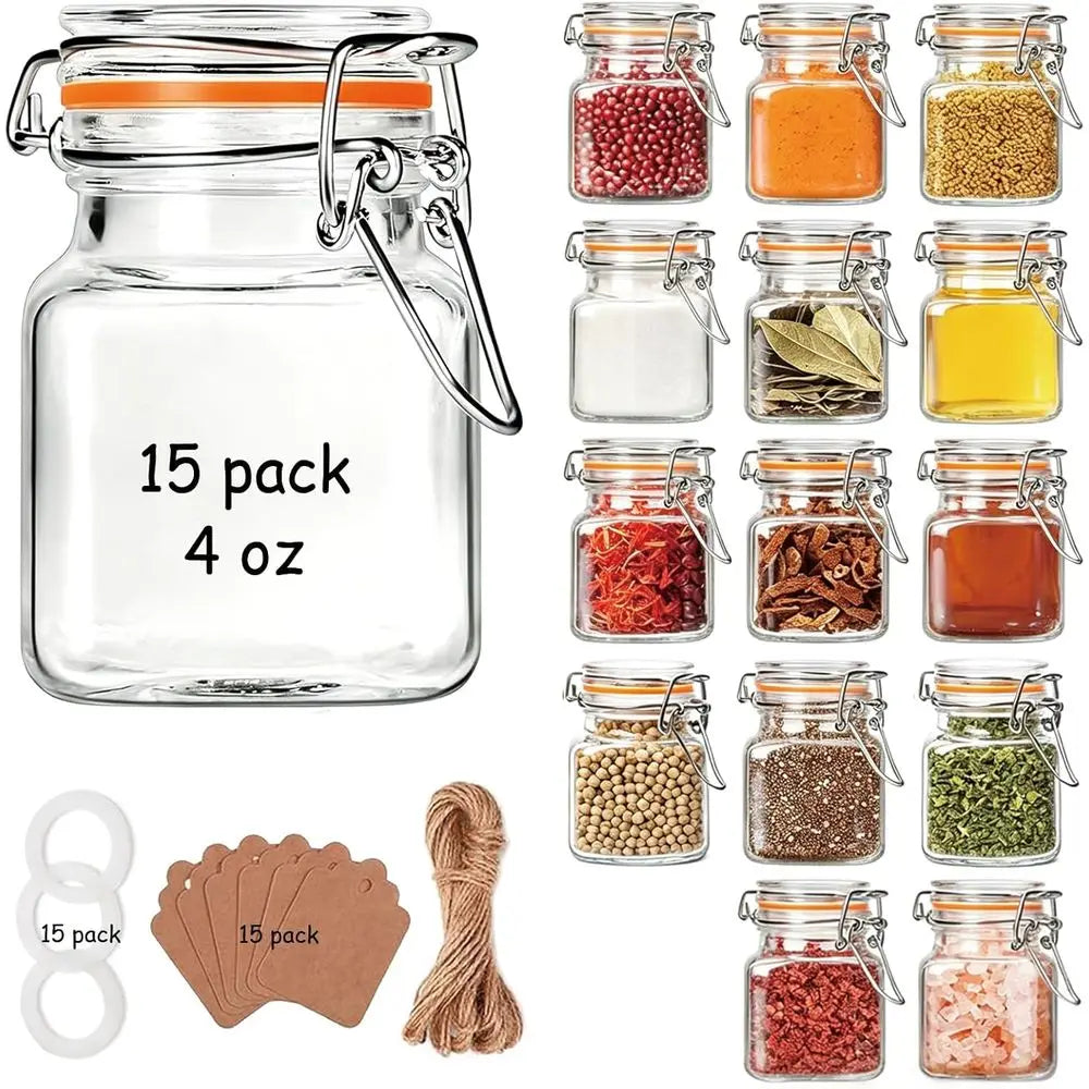 4oz Small Spice Jars with Lids, 15 Pack Airtight Glass Jars, Small Spice Containers Includes Labels & Rubber Gaskets for Kitchen