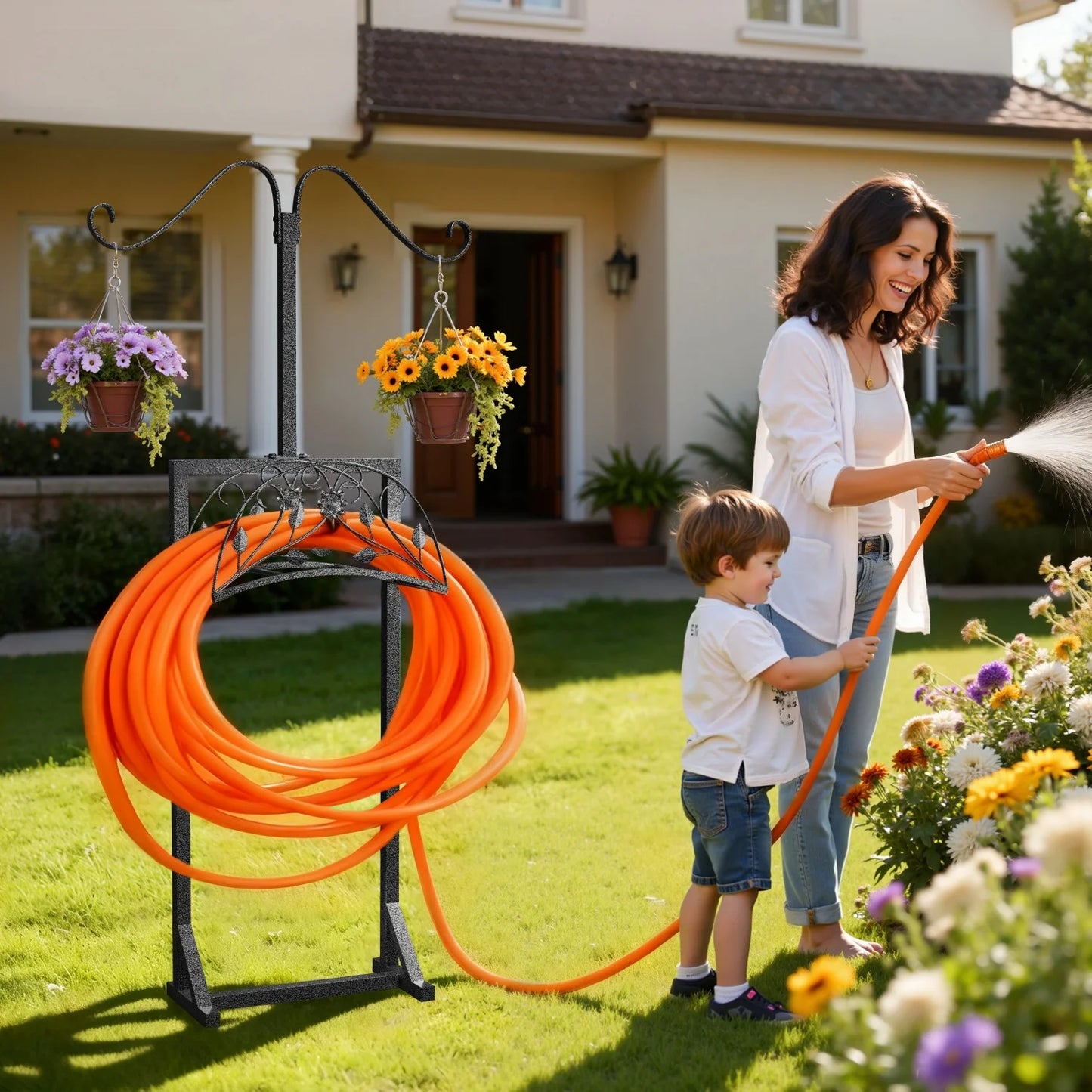 Freestanding Garden Hose Holder With 4 Spikes And 2 Hooks