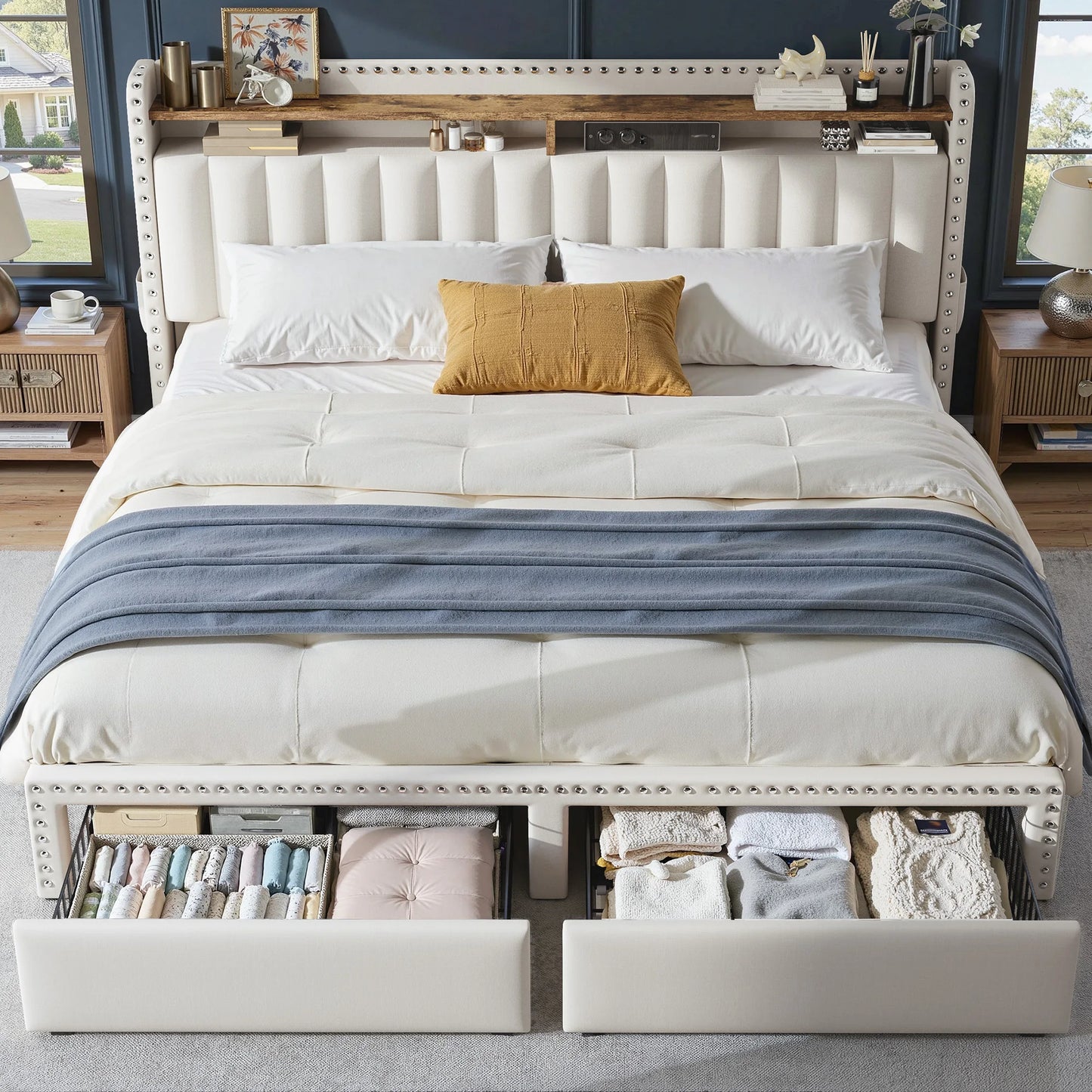 Upholstered Platform Bed Frame With Storage Headboard And Drawers