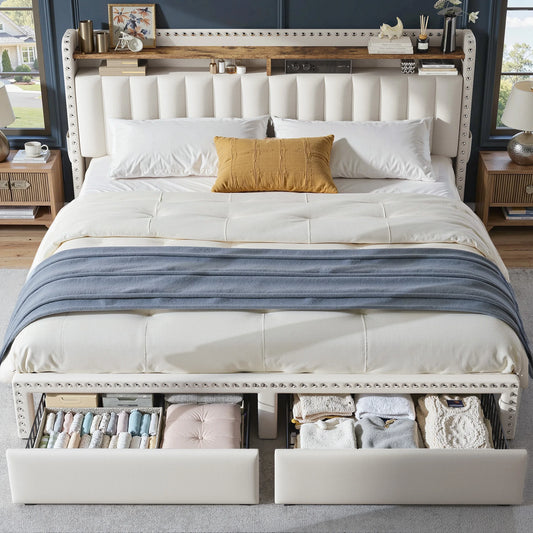 Upholstered Platform Bed Frame With Storage Headboard And Drawers