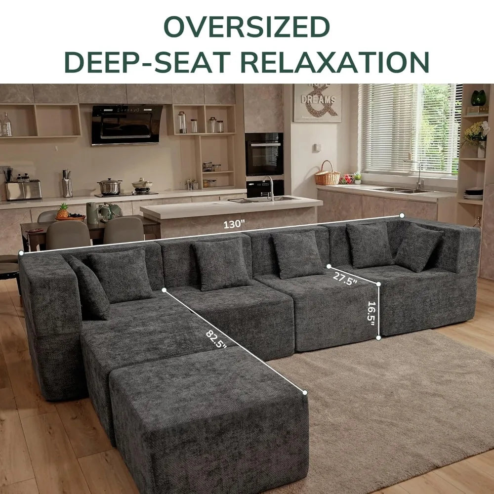 Modular Sectional Cloud Couch for Living Room - 130'' 6 Seater Convertible Chenille Couches Set with Ottoman, No, Customized