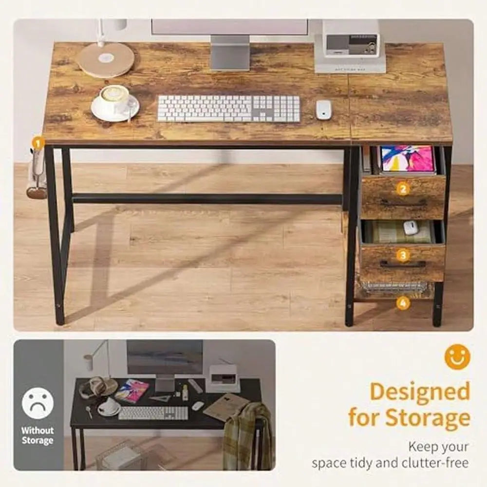 Computer Desk With 2 Drawers, 40 Inch Small Office Desk Study Writing Table, Light Brown