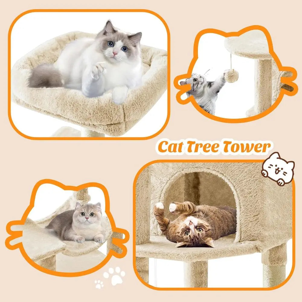 44 Inch Cat Tree Tower, Cat Climbing Tower with Natural Sisal Scratching Posts, Hammock, Pet Condo for Indoor Cats and Kittens P