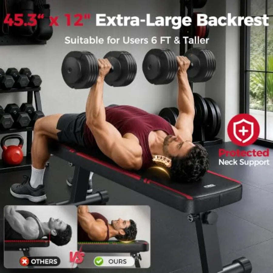 Home gym foldable flat weight bench: steel frame, black, 1000 lbs capacity with dual locking, easy setup compact storage