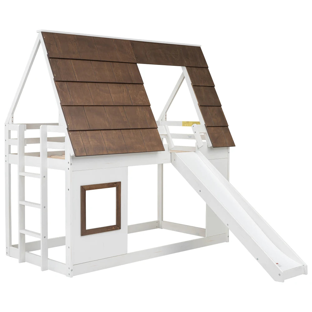 Wooden House Bunk Bed With Roof Ladder And Slide
