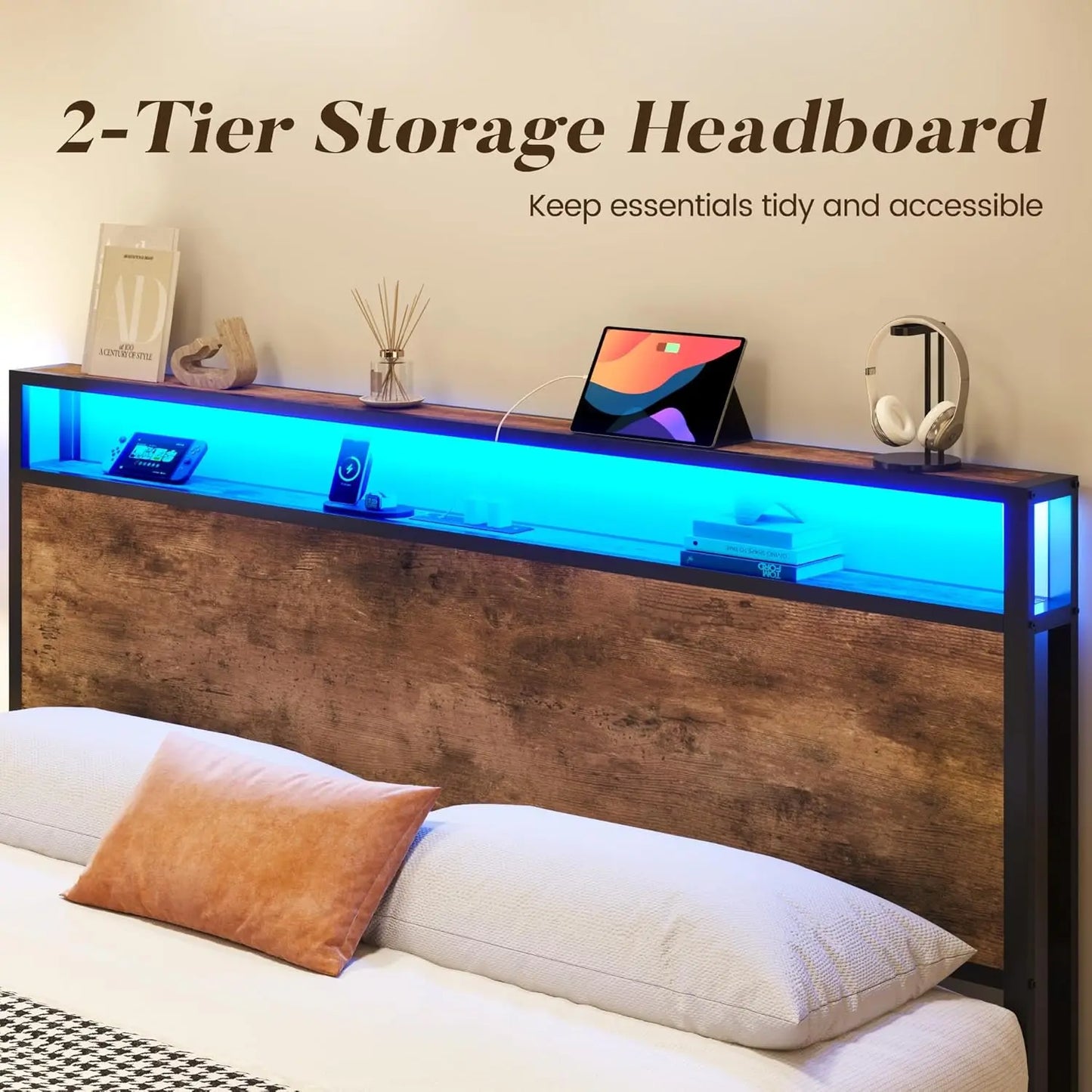 Queen Bed Frame Storage Headboard Metal Platform 4 Drawers Charging Station LED Noise-Free No Box Spring Rustic Brown, Customize