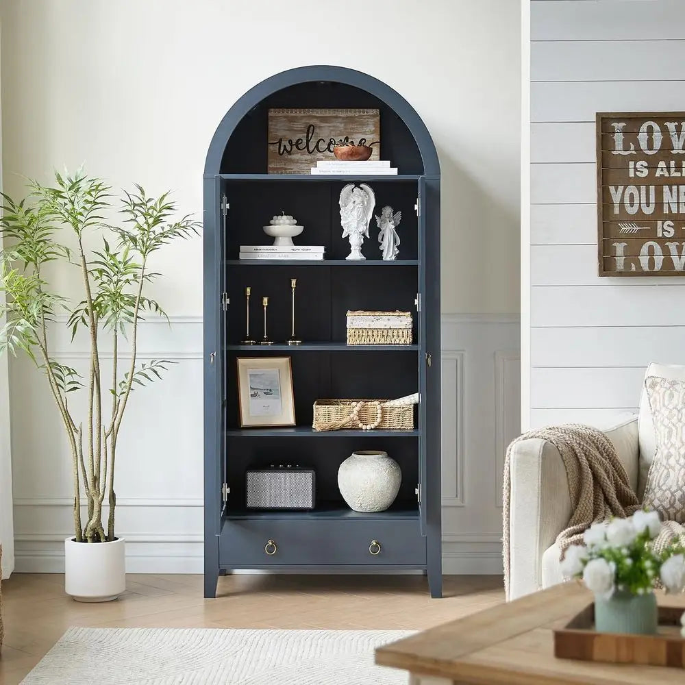 Bamboo Arched Display Cabinet With Glass Doors And Adjustable Shelves