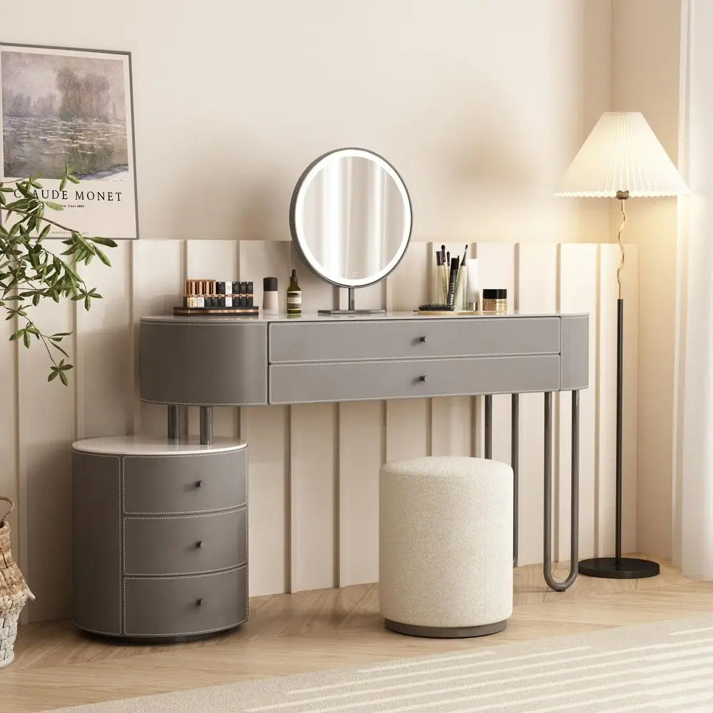 Jahnea VanityElegant Set Saddle LeatherFinished Top Vanity Table amp Stool, Stainless Steel Support, Reversible Installation, a