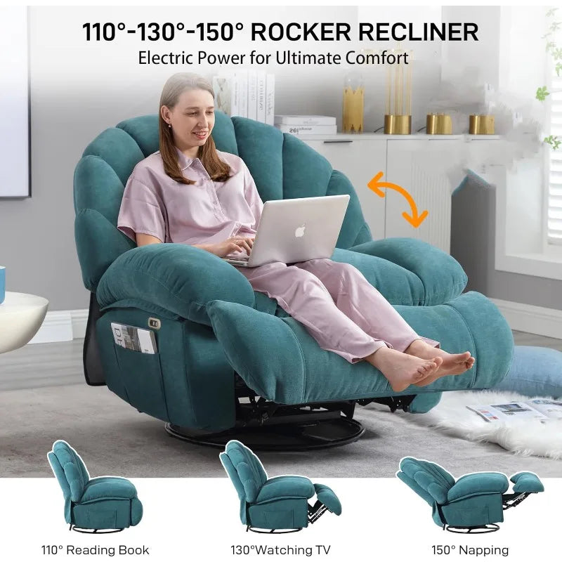 Power Recliner Chair With 360 Swivel And Storage Soft Fabric