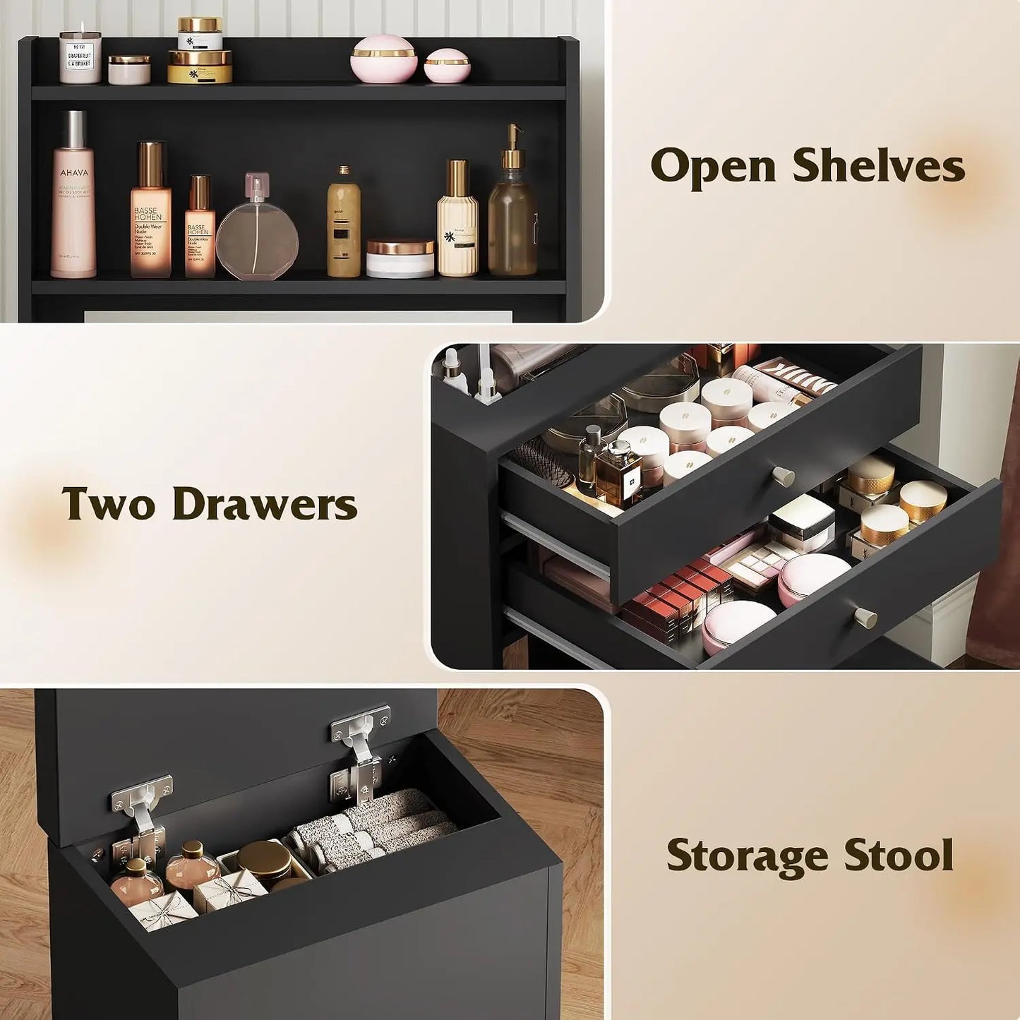 Small Black Vanity Desk with Mirror and Lights, Compact Makeup Vanity Set with Fold-up Panel and Chair, Dressing, Customized