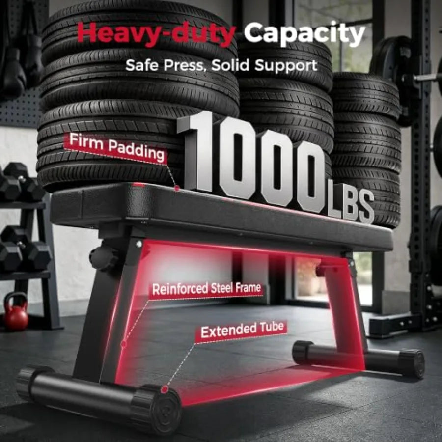 Home gym foldable flat weight bench: steel frame, black, 1000 lbs capacity with dual locking, easy setup compact storage