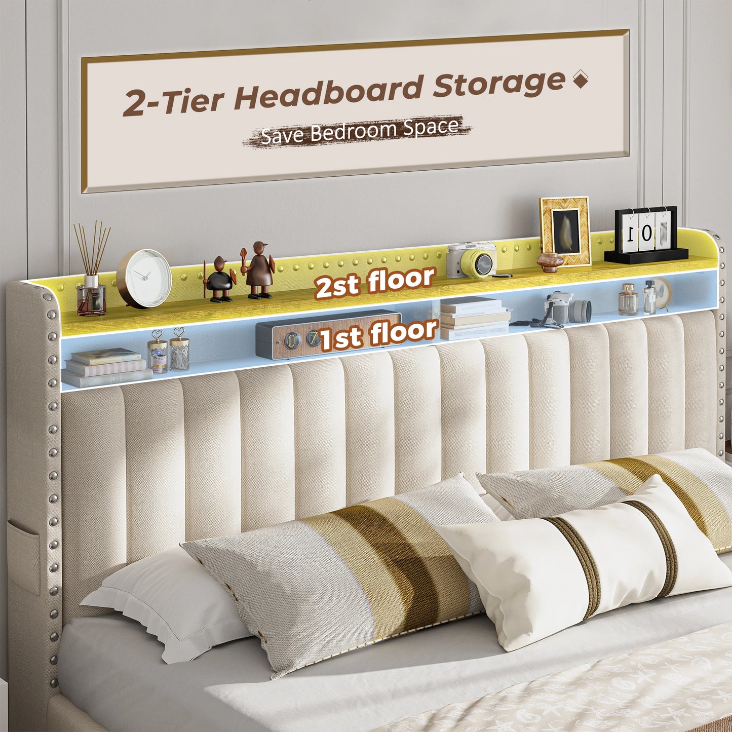EnHomee Upholstered Platform Bed Frame With Three Storage Drawers