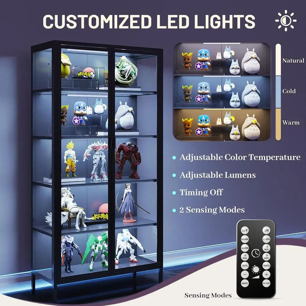 71 High Glass Display Cabinet with LED Sensor Lights, Adjustable Shelves for Living Room, Bedroom, or Kitchen