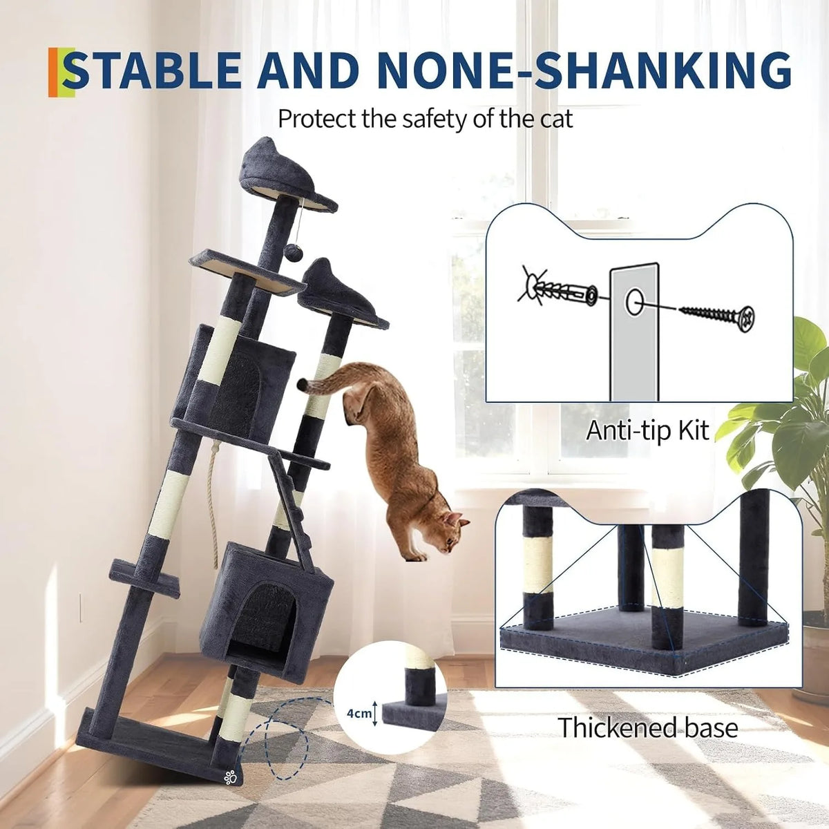72 Inch Large Cat Tree Tower with Scratching Posts, Multi Level Cat Condo Furniture with Perches, Hammock & Toys, Stable Indoor Activity Center for Cats