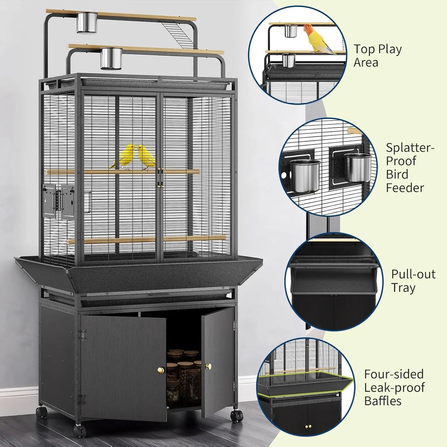 HiMISS Large Rolling Bird Cage With Play Top Cabinet