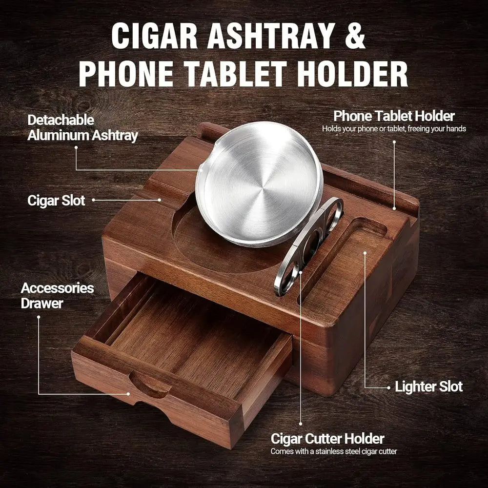Cigar Ashtray, Wooden Ashtrays with Cigar Cutter, Tablet Holder, Cigar Holder, Accessories Der and Lighter Slot, Home Bar Outdoo