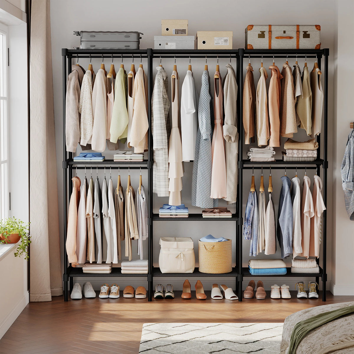 JHK Portable Three Row Wardrobe With Hanging Rods And Shelves