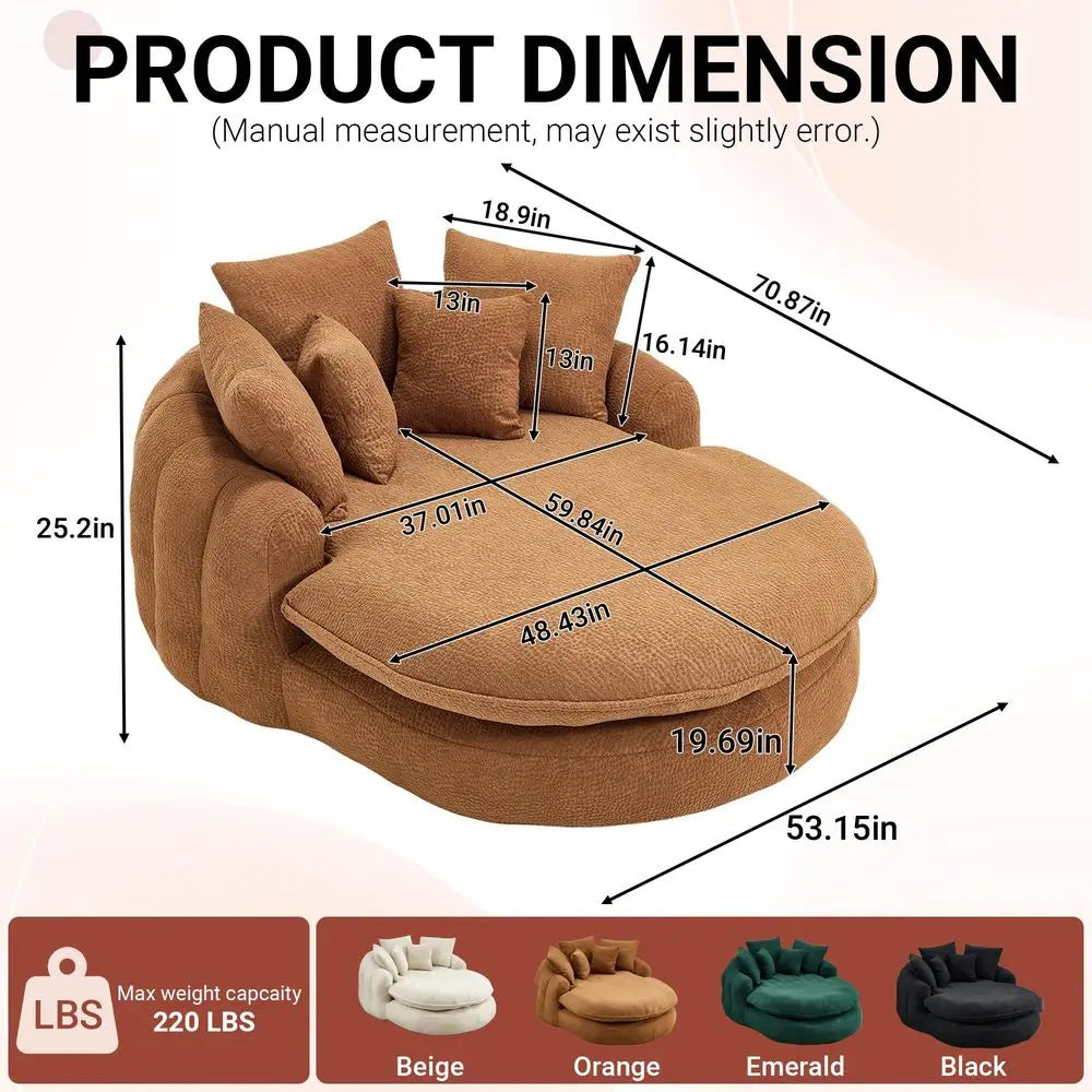 Oversized Round Chair, Giant Bean Bag Couch Chairs for Adults, Fluffy Chenille Boneless Couch Circle Bed with 5 Pillows, Extra