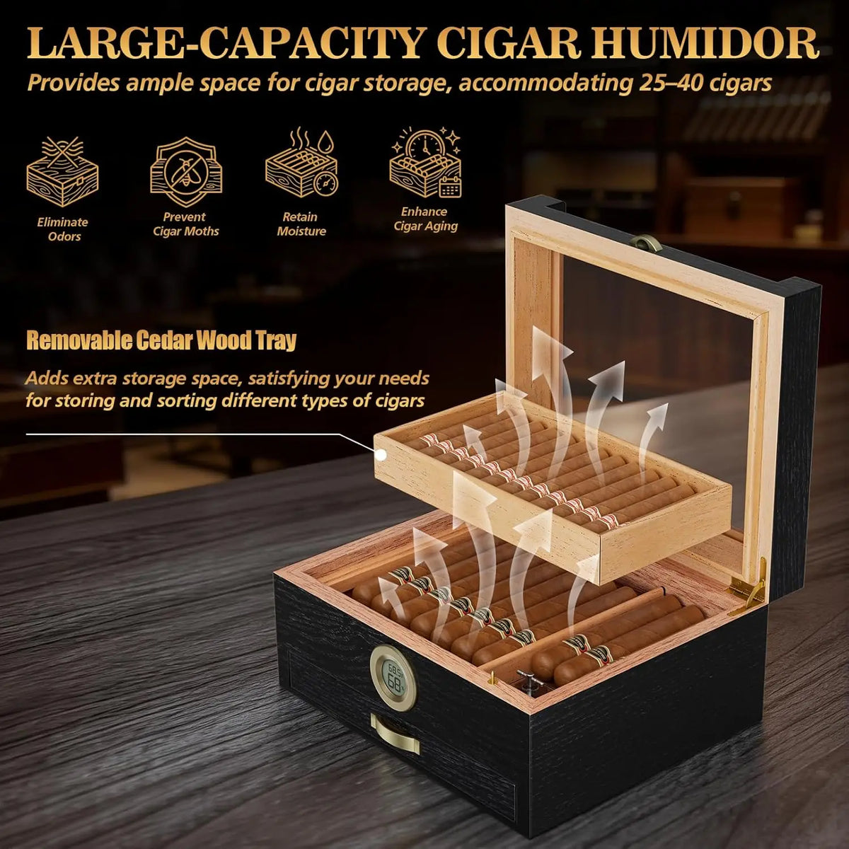 Cigar Humidor With Music Box, Cedar Tray And Digital Hygrometer