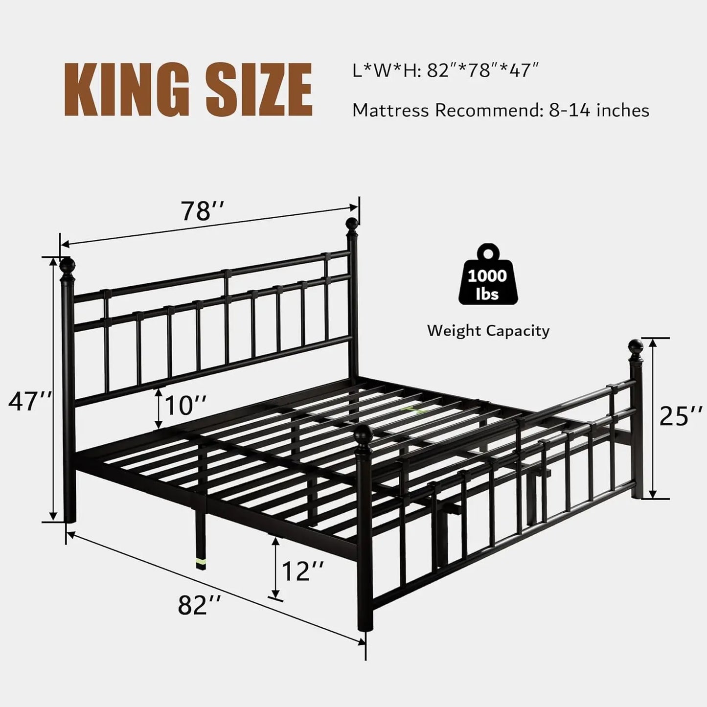 Vintage Metal King Bed Frame with Headboard & Footboard, Farmhouse Style, Storage, No Box Spring, Noise-Free, Customized