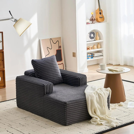 45'' Corduroy Cloud Chaise Lounge Sofa, Deep Seat Reading Chair With Wide Armrests, Back Pillow, No-Assembly Couch
