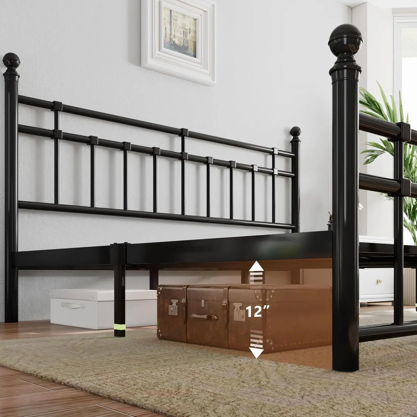 Vintage Metal King Bed Frame with Headboard & Footboard, Farmhouse Style, Storage, No Box Spring, Noise-Free, Customized