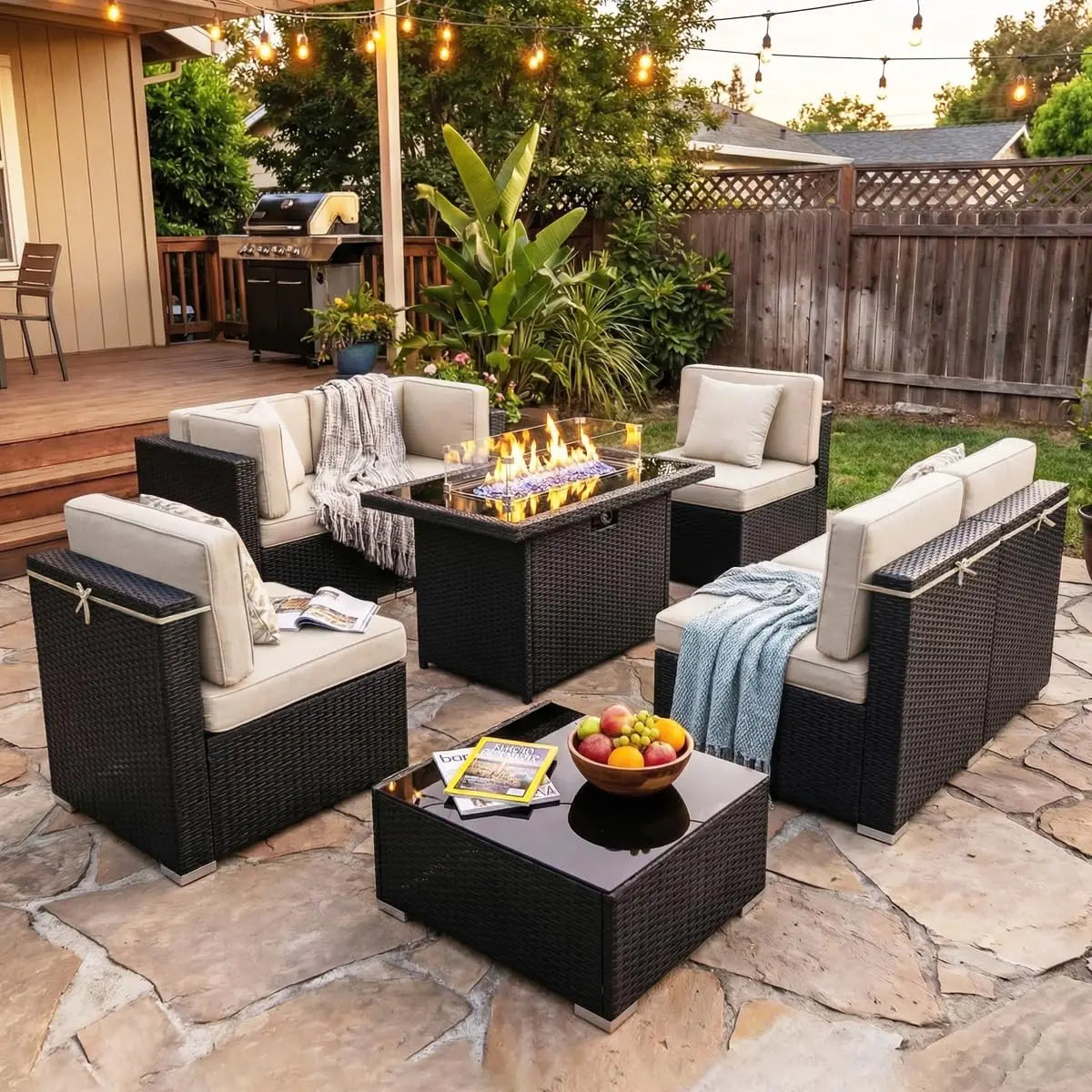 Xiaolang Modern Outdoor Patio Wicker Furniture Set With Fire Pit