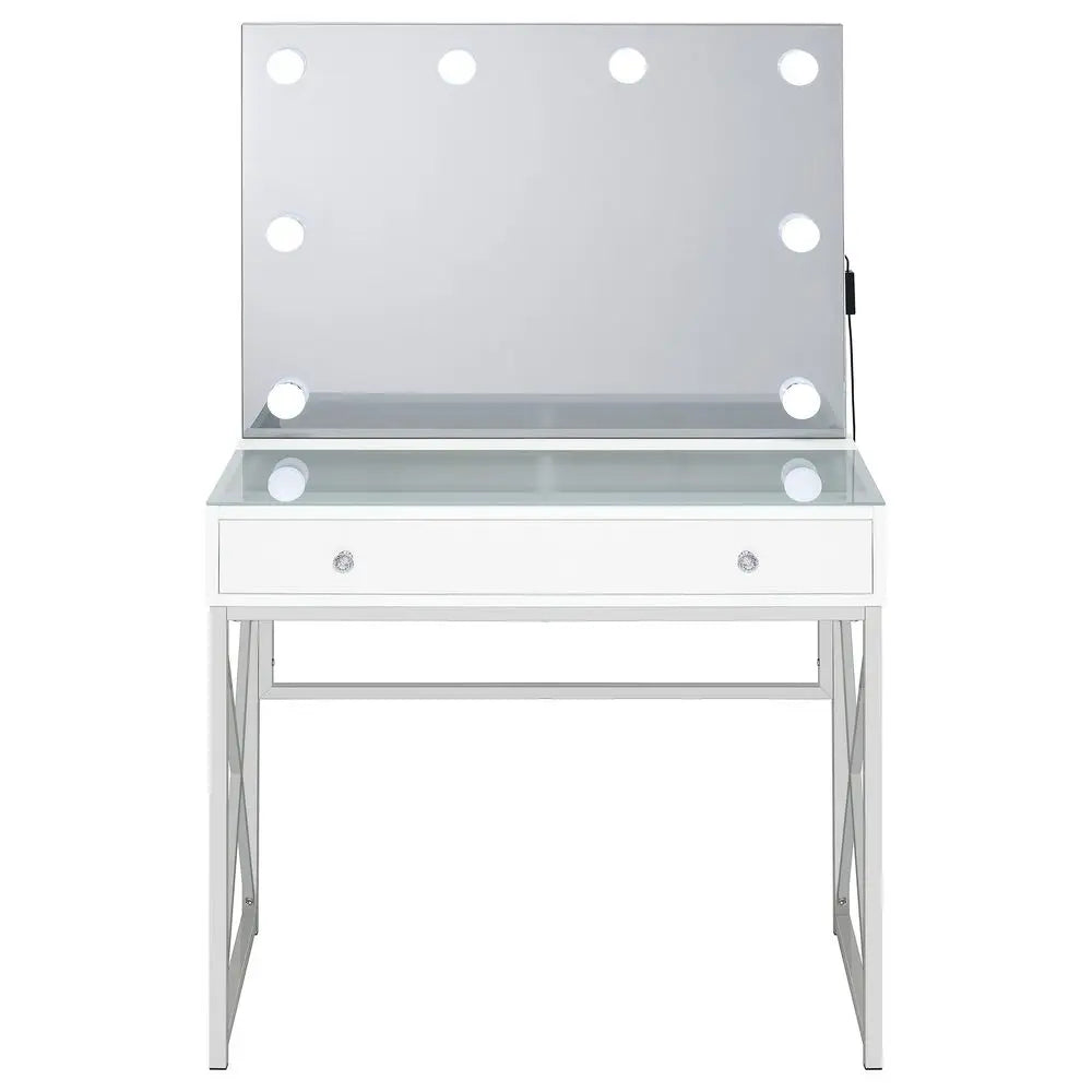 Home Furnishings Eliza Contemporary 3Piece 1Drawer Makeup Vanity Desk for Bedroom with Hollywood Vanity Mirror with White Faux