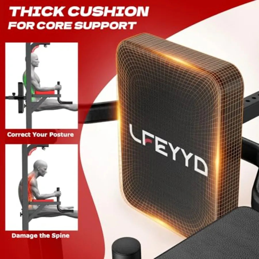Home gym power tower dip station with H-frame, steel construction, black finish, adjustable height, multi-grip handles, backres