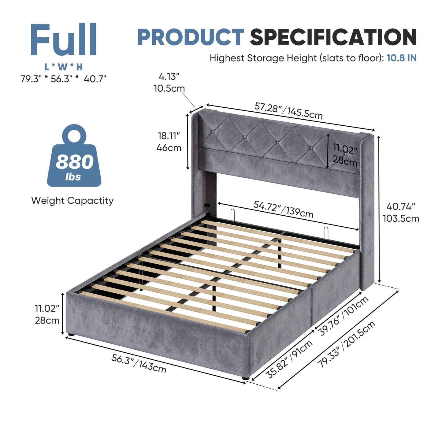 JHK Hydraulic Lift Storage Bed Featuring Wingback Headboard