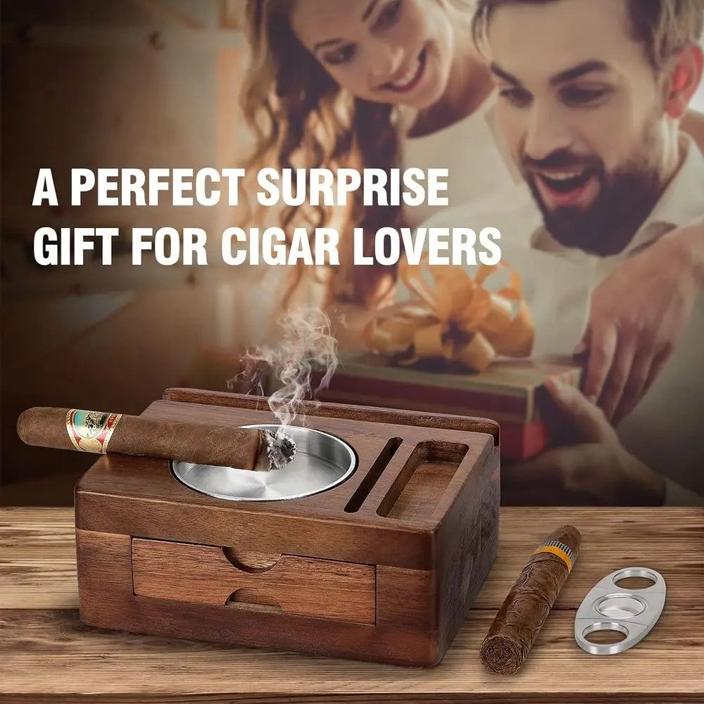 Cigar Ashtray, Wooden Ashtrays with Cigar Cutter, Tablet Holder, Cigar Holder, Accessories Der and Lighter Slot, Home Bar Outdoo