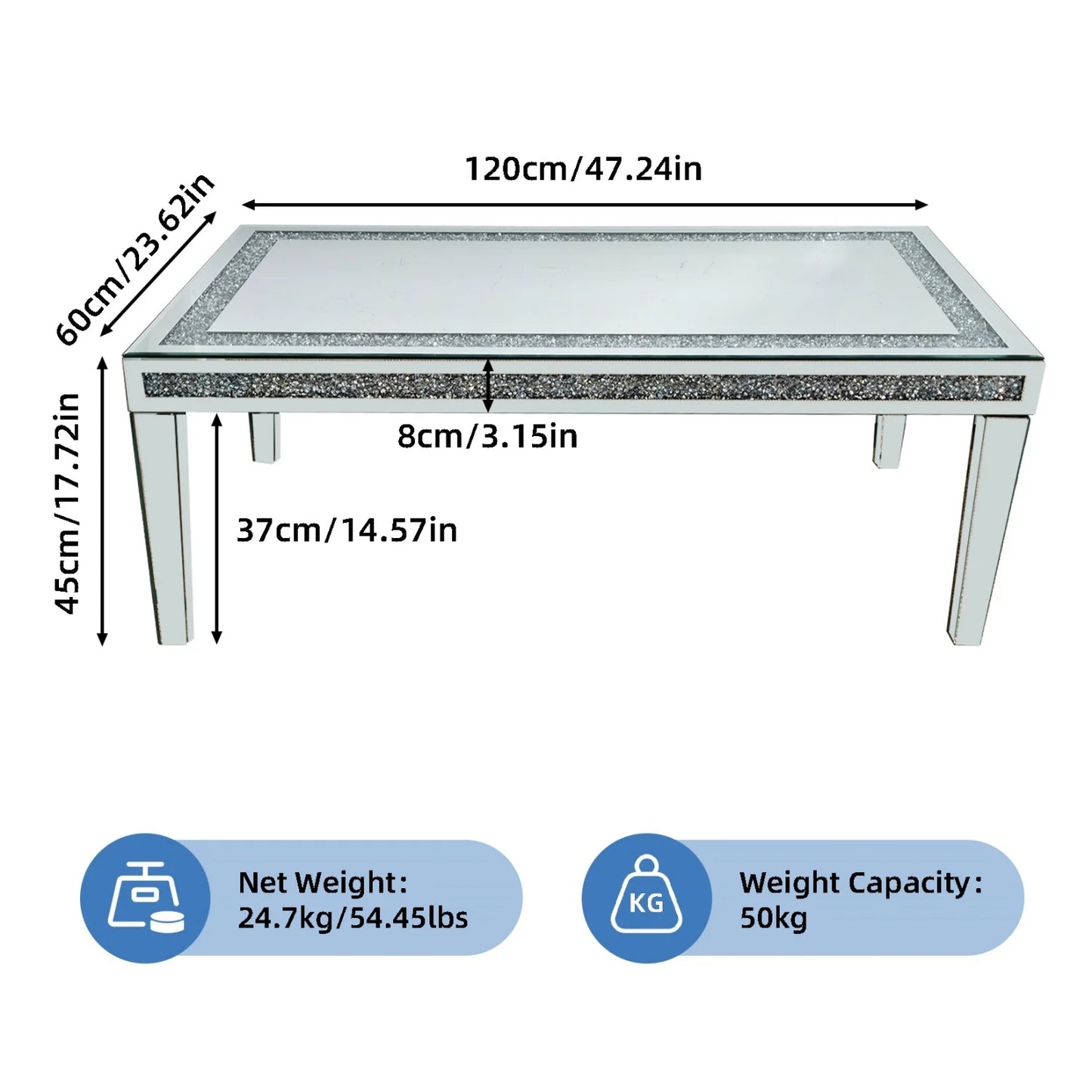 Modern Rectangular Mirrored Coffee Table With Crystal Diamond Inlay Accent