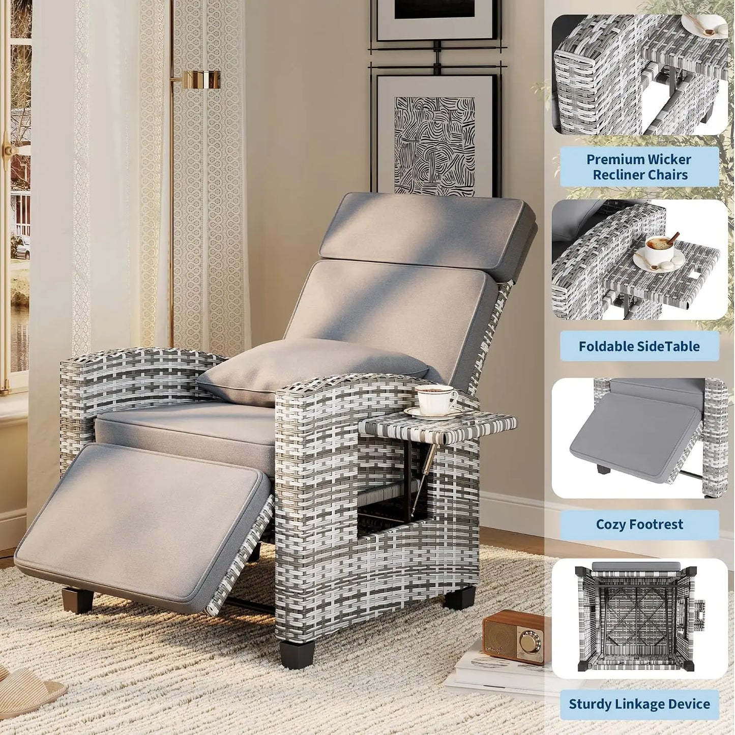 HiMISS Outdoor Wicker Recliner Chair With Cushion And Adjustable Back