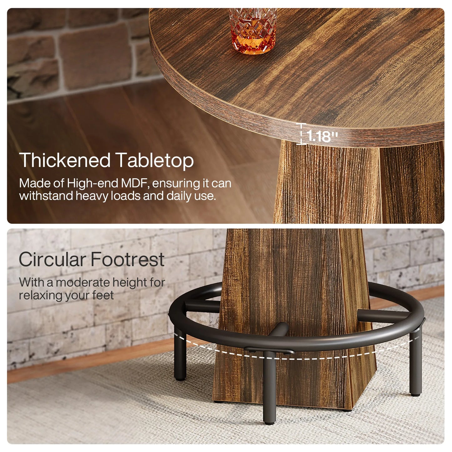Tribesigns Round Bar Table, 37.4" High Pub Table with Metal Footrest, Drink Bar Station for Small Bars, Dining Room, Kitchen, Brown (Only Table)