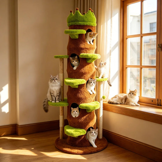 Wooden Cat Tree Tower With Crown Perch Plush Steps Cats