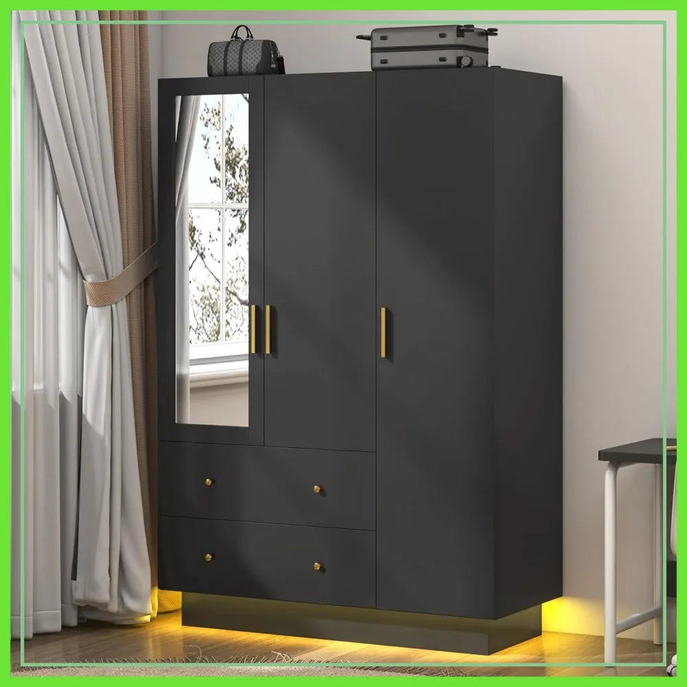 3 Door Wardrobe Closet with Mirror LED Lights, Bedroom Armoire with Drawers Shelves, Black