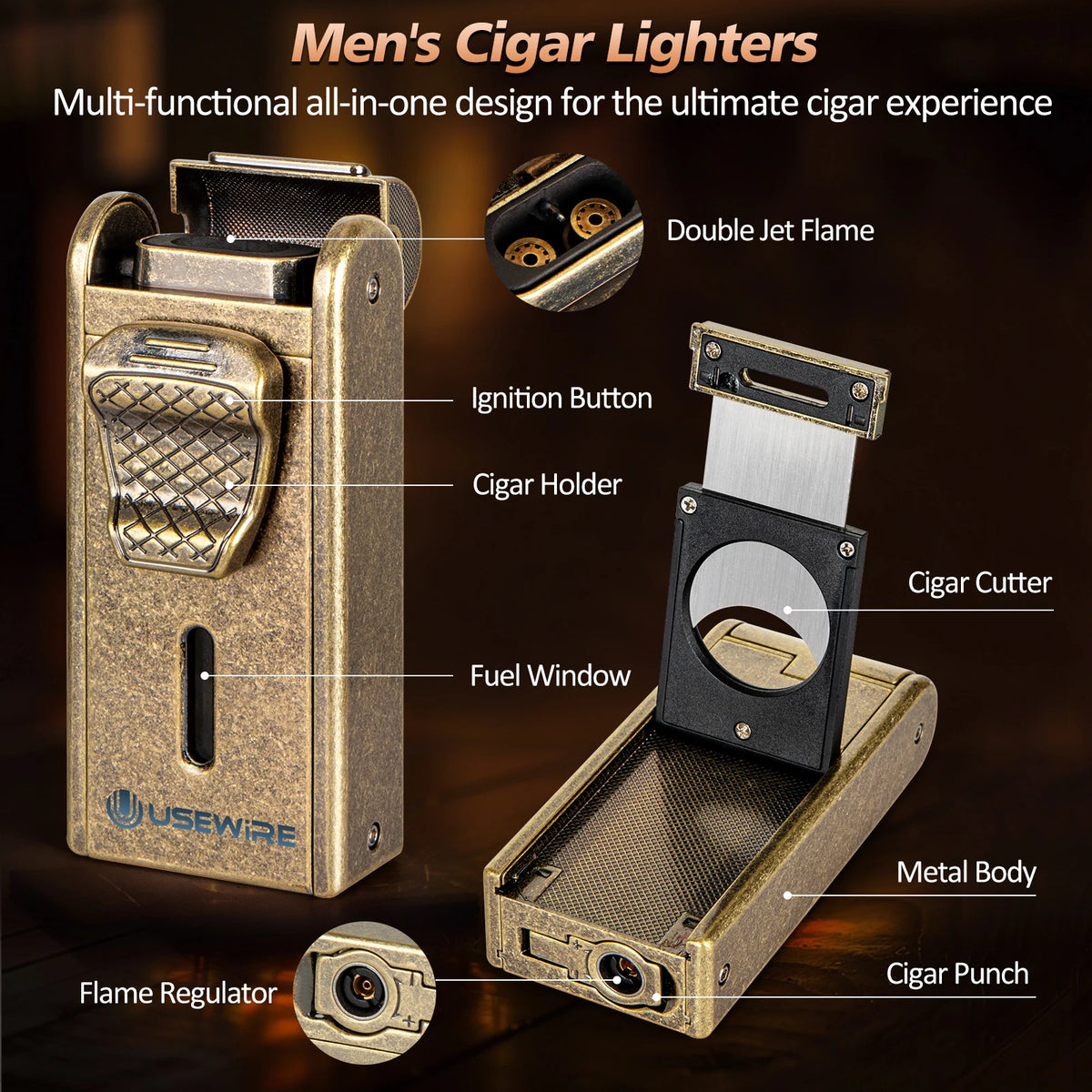 UseWire Leather Cigar Humidor With Lighter Cutter And Humidifier