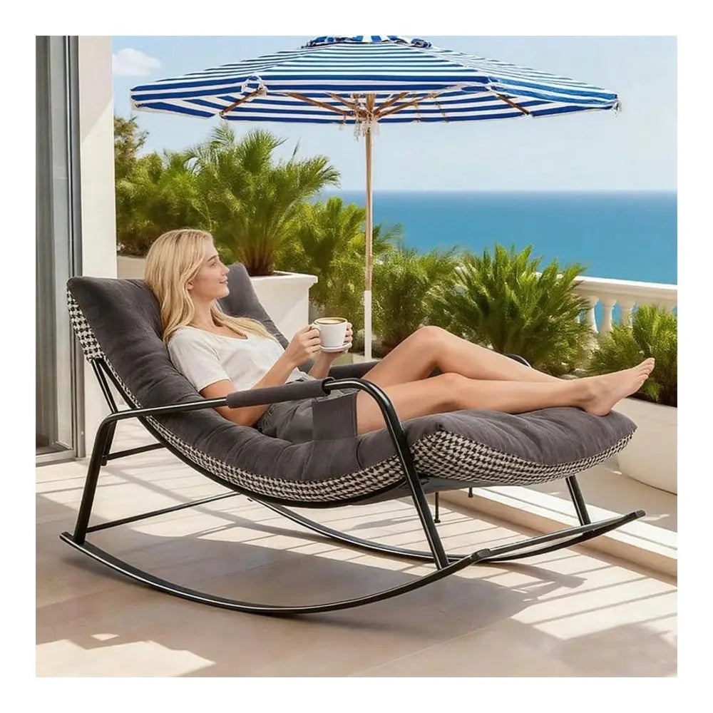Oversized Double Rocking Chair With Cushions, Modern Patio Rocker With Armrests, Indoor Outdoor Lounge Rocker Chair For Porch,
