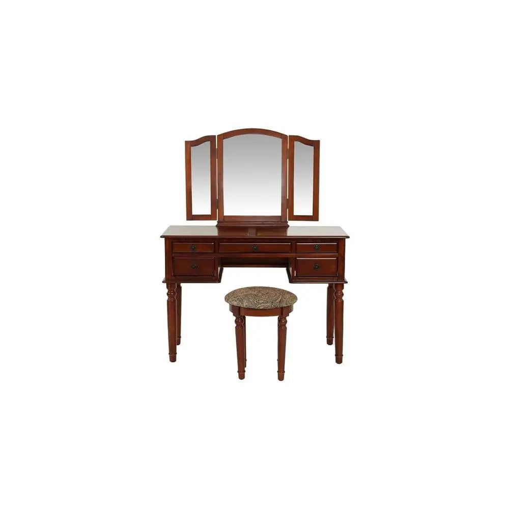 Antique Accents Furniture Wood Vanity Set with Mirror and Stool in Cherry Color
