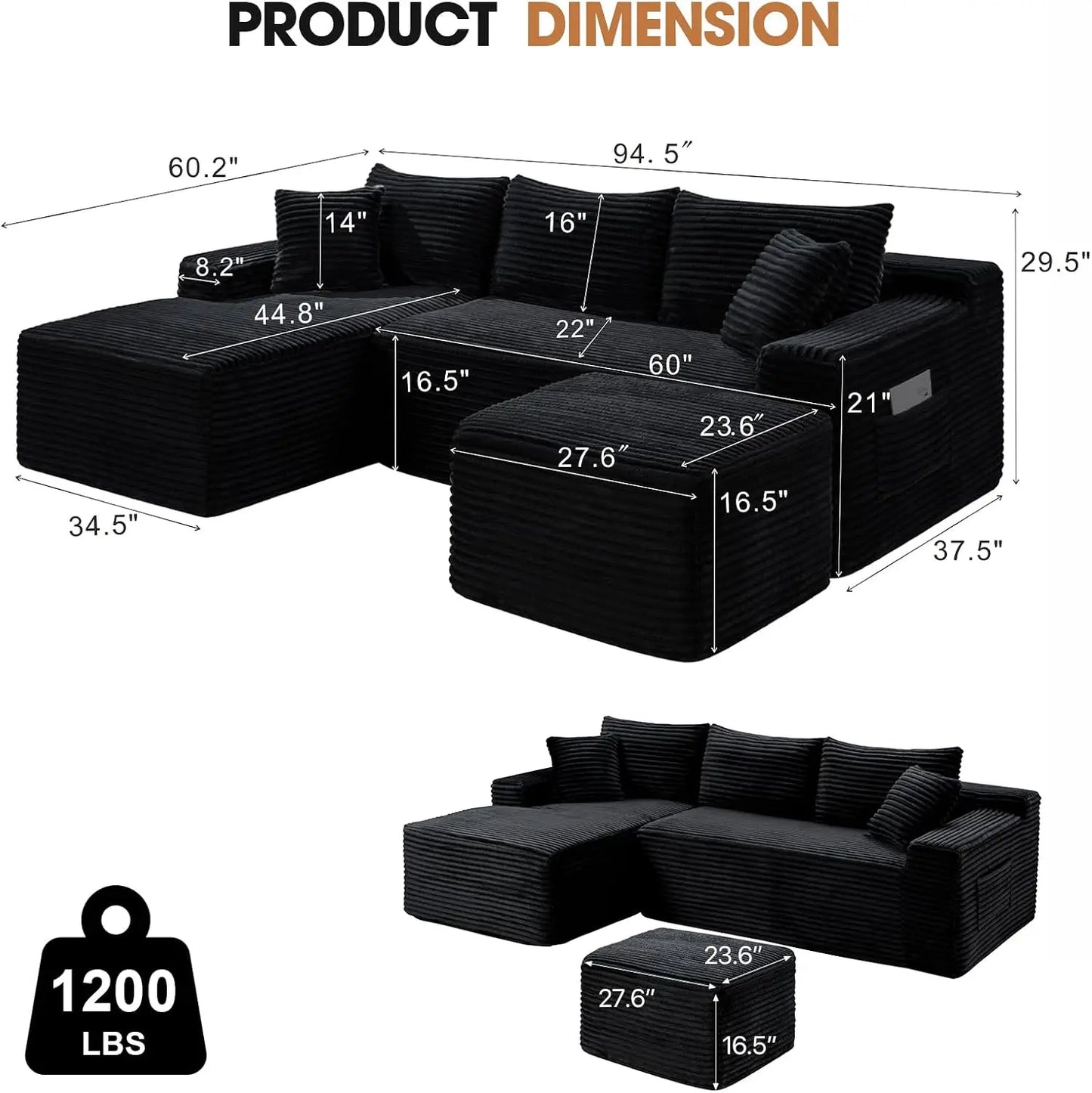Modern U Shaped Sectional Sofa With Deep Seat Ottoman