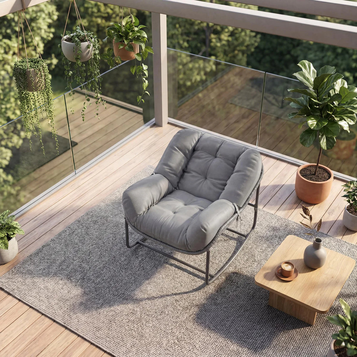 Papasan Rocking Chair With Thick Cushion, Outdoor Wicker Rattan Egg Chair, 450 lb Patio Lounge Rocker For Porch Balcony Indoor Use