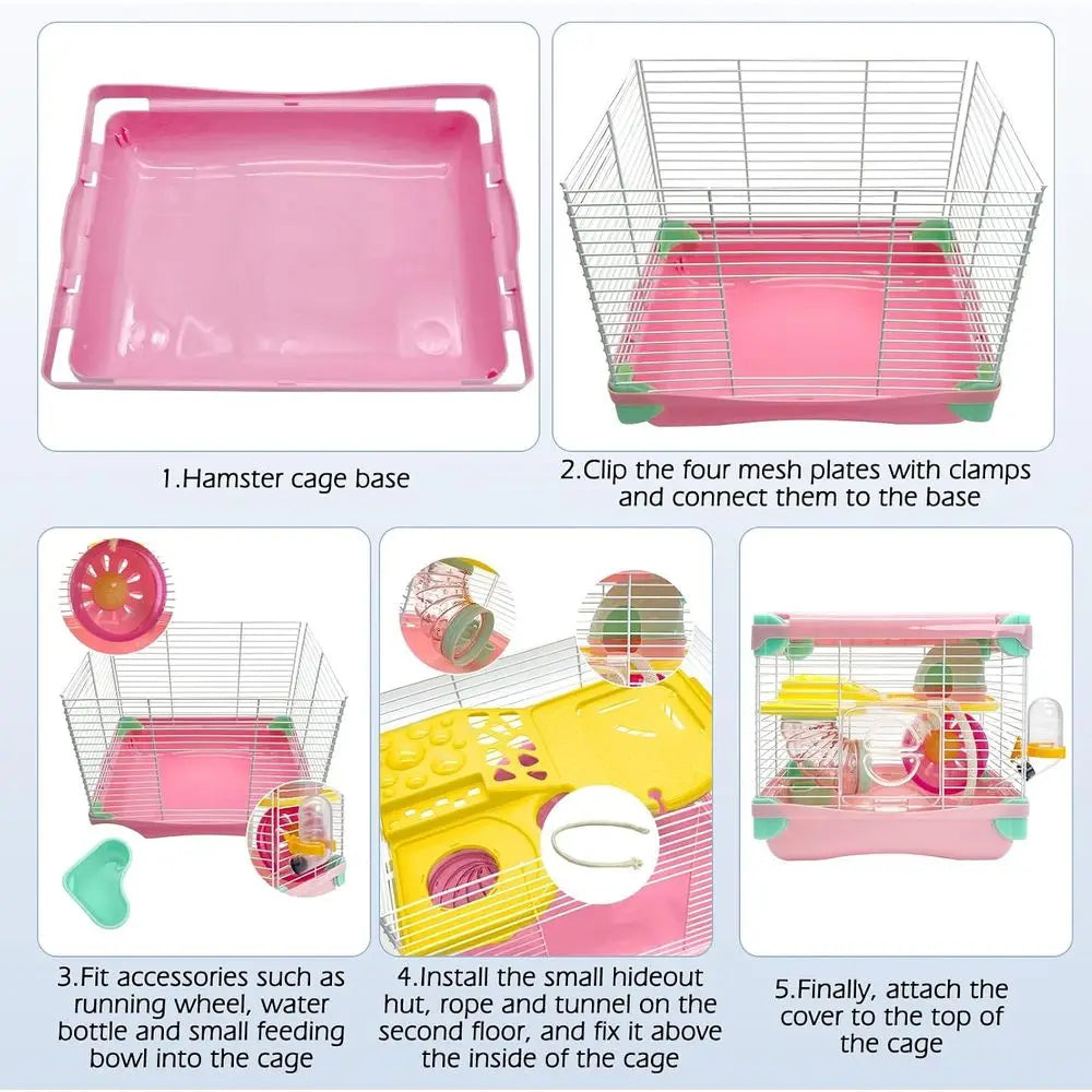 Portable 2 Layers Dwarf Hamster Habitat Small Animal Travel Cage with Exercise Wheel Enclosure for Hamsters, Mice, Gerbils, or O