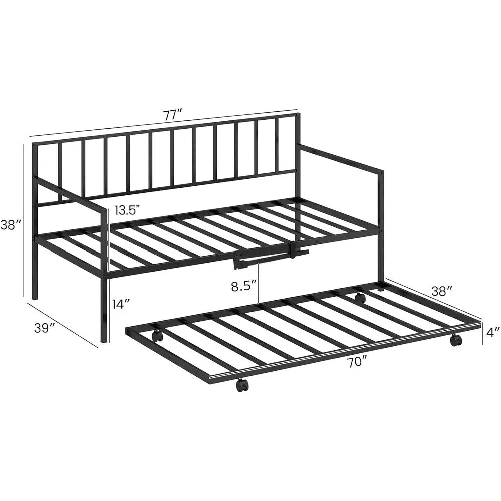 Metal Twin Daybed with Trundle, Casters, No Box Spring Needed, Suitable for Adults, Teens, Kids, Living Room, Guest Room, Black