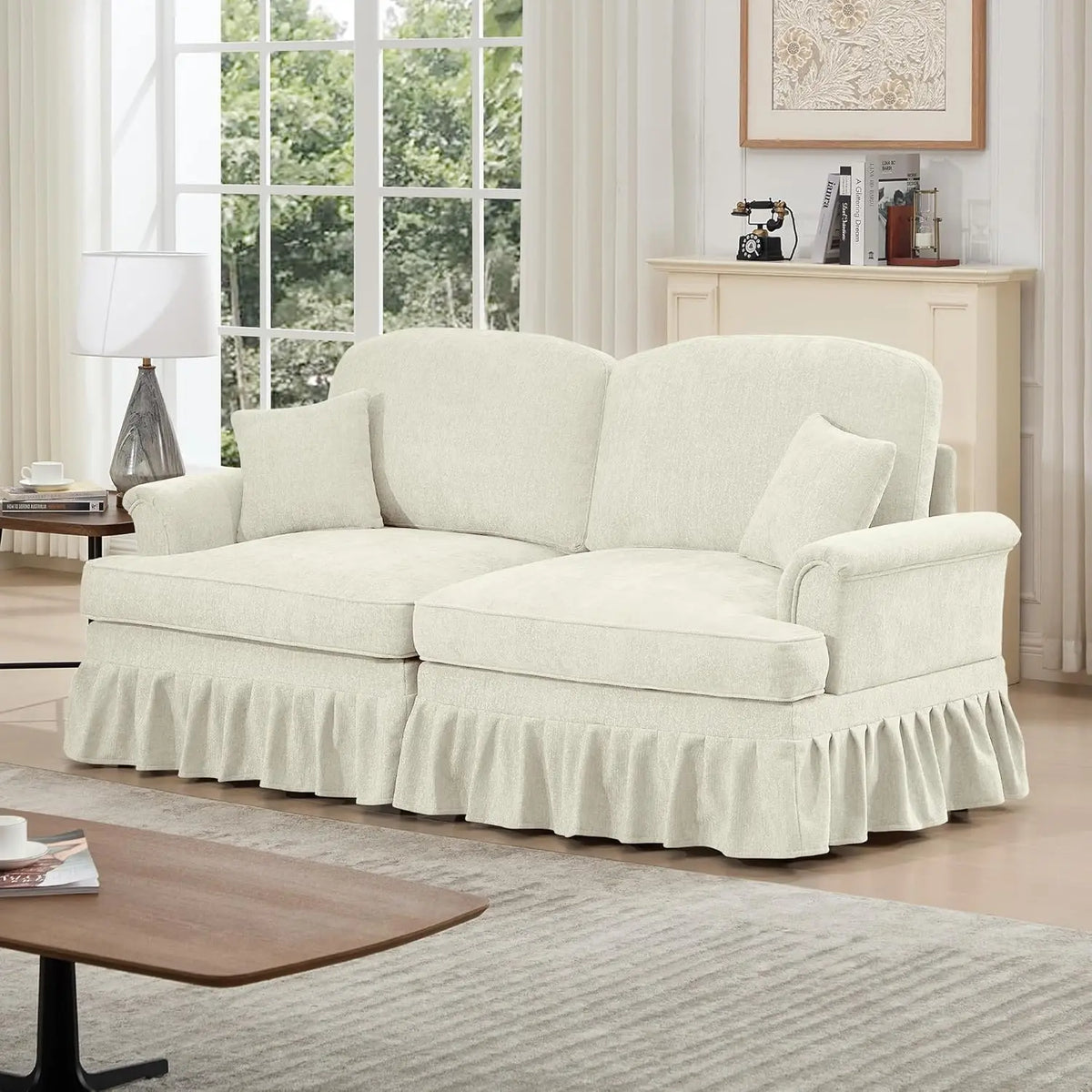 76" Chenille Loveseat Ruffled Skirt Flared Arms Spindle Legs Mid Century Living Room Bedroom Apartment Customized