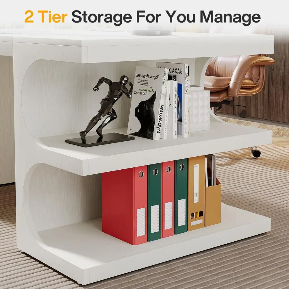 White Executive Office Desk, 63 Computer Desk with Storage Shelves, Modern Wood Study Writing Table, Large Workstation Business