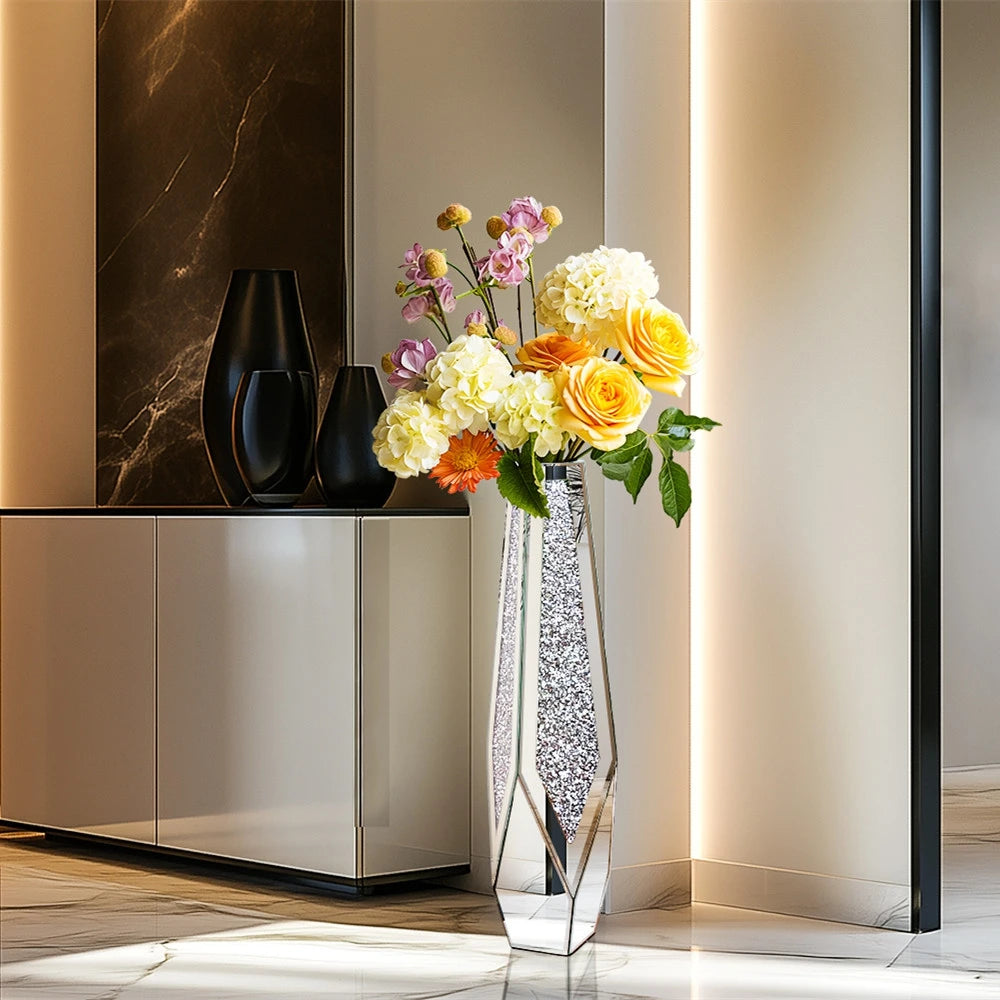 Decorative Crushed Diamond Mirrored Standing Floor Vase