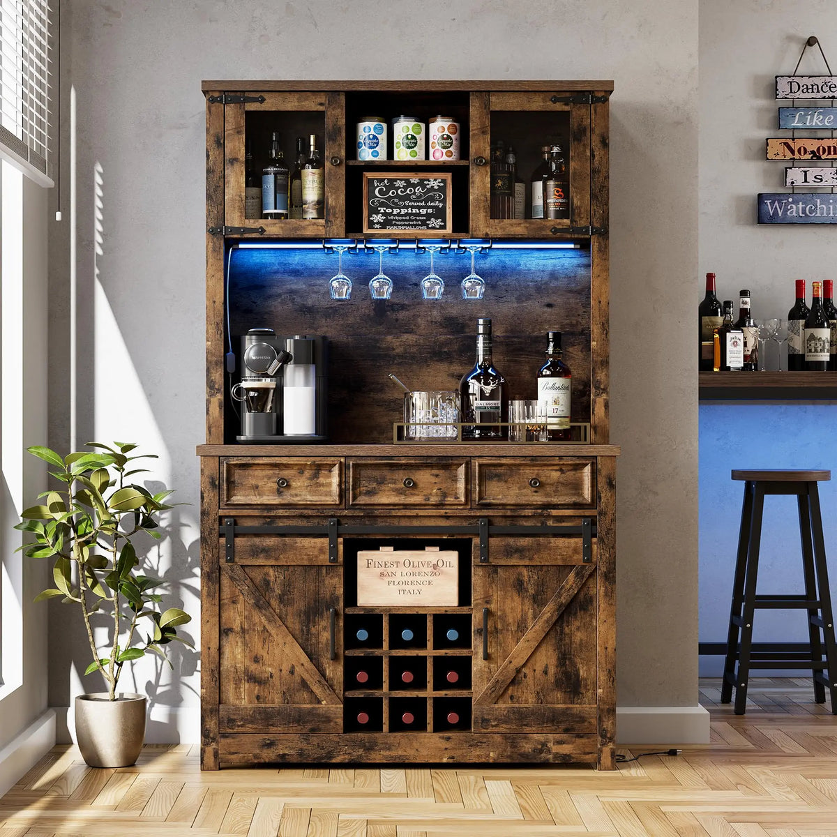 HiMISS Farmhouse Coffee Bar Cabinet With LED Lighting Wine Rack