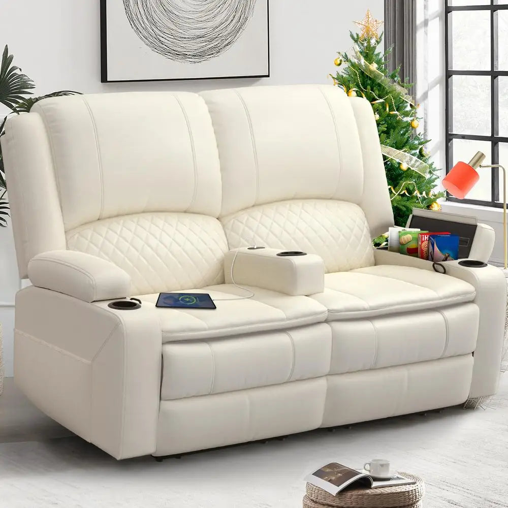 Loveseat Recliner Sofa, Manual Reclining Loveseat with Removable Armrest, PU Leather Double Recliner for RV with 2Tier Cushions